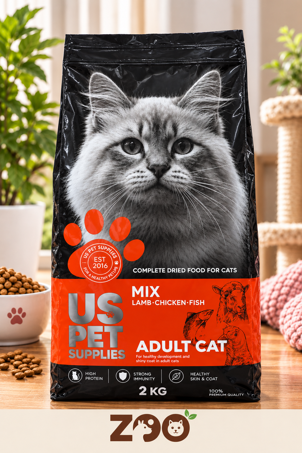 غذای خشک گربه بالغ یو اس پت (US Pet) | طعم میکس گوشت، مرغ و ماهی